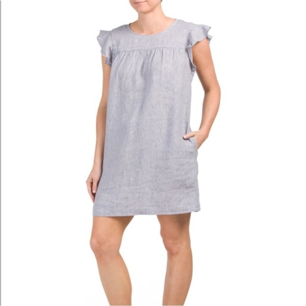 Cynthia Rowley 100% Linen Striped Flutter Sleeve Beachy Shift Dress Size Medium